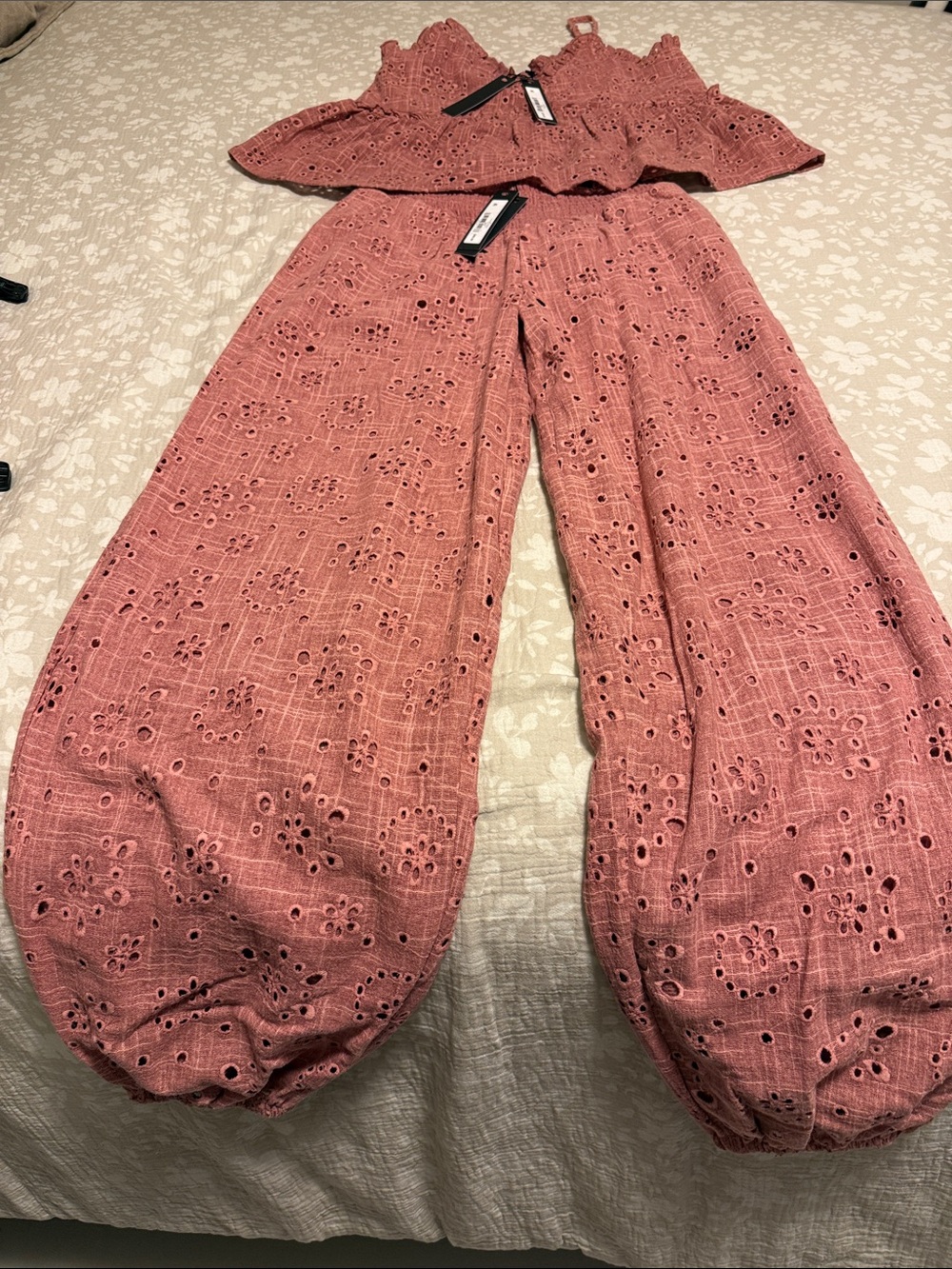 Women's Pink Eyelet Wide-Leg Pants and Top. Top is size Small and Pant is XS.